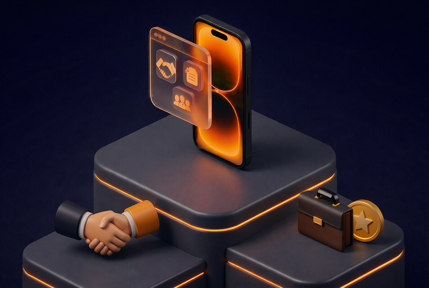 Смартфон на тёмном подиуме, рядом рукопожатие и портфель с монетой